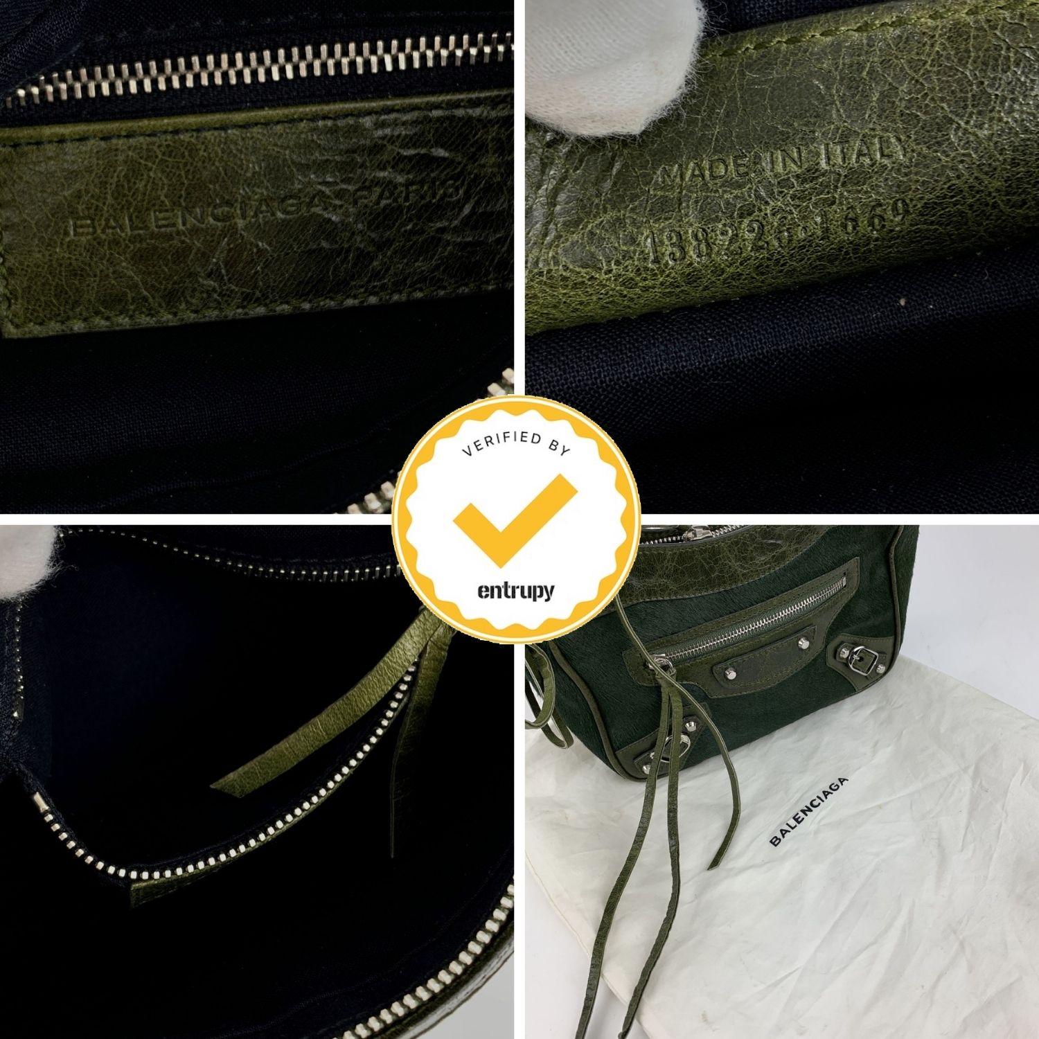 Black Balenciaga Dark Green Pony Hair Motocross Top Handle Mini Bag