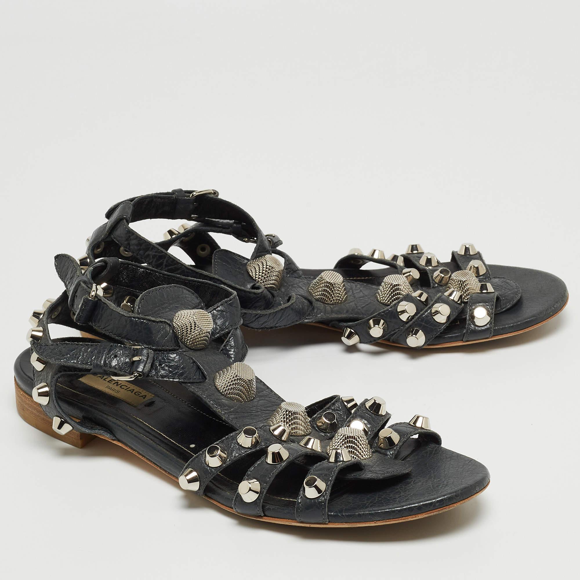 Women's Balenciaga Dark Grey Leather Studded Ankle Strap Flat Sandals Size 39.5 For Sale