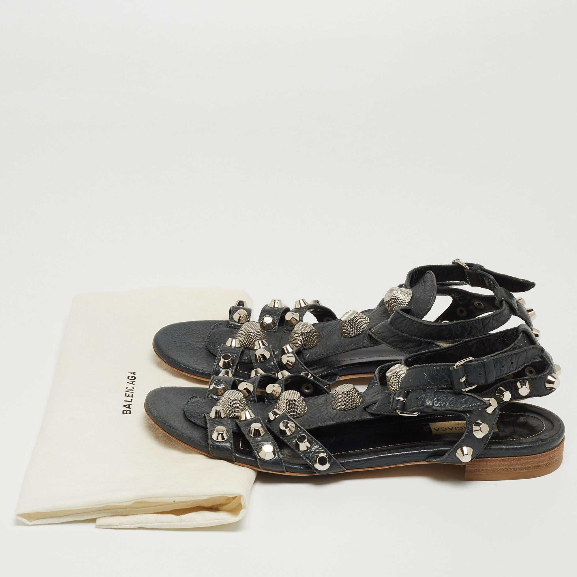 Balenciaga Dark Grey Leather Studded Ankle Strap Flat Sandals Size 39.5 For Sale 2