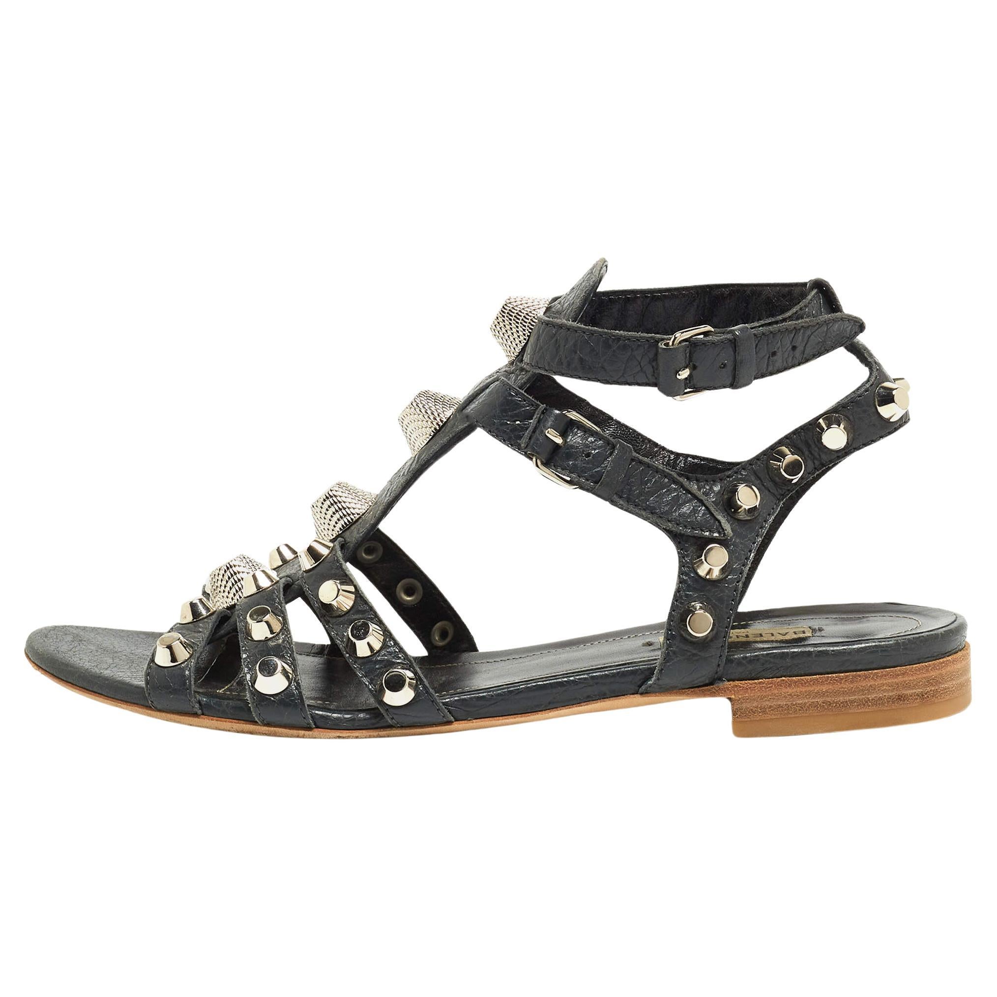 Balenciaga Dark Grey Leather Studded Ankle Strap Flat Sandals Size 39.5 For Sale