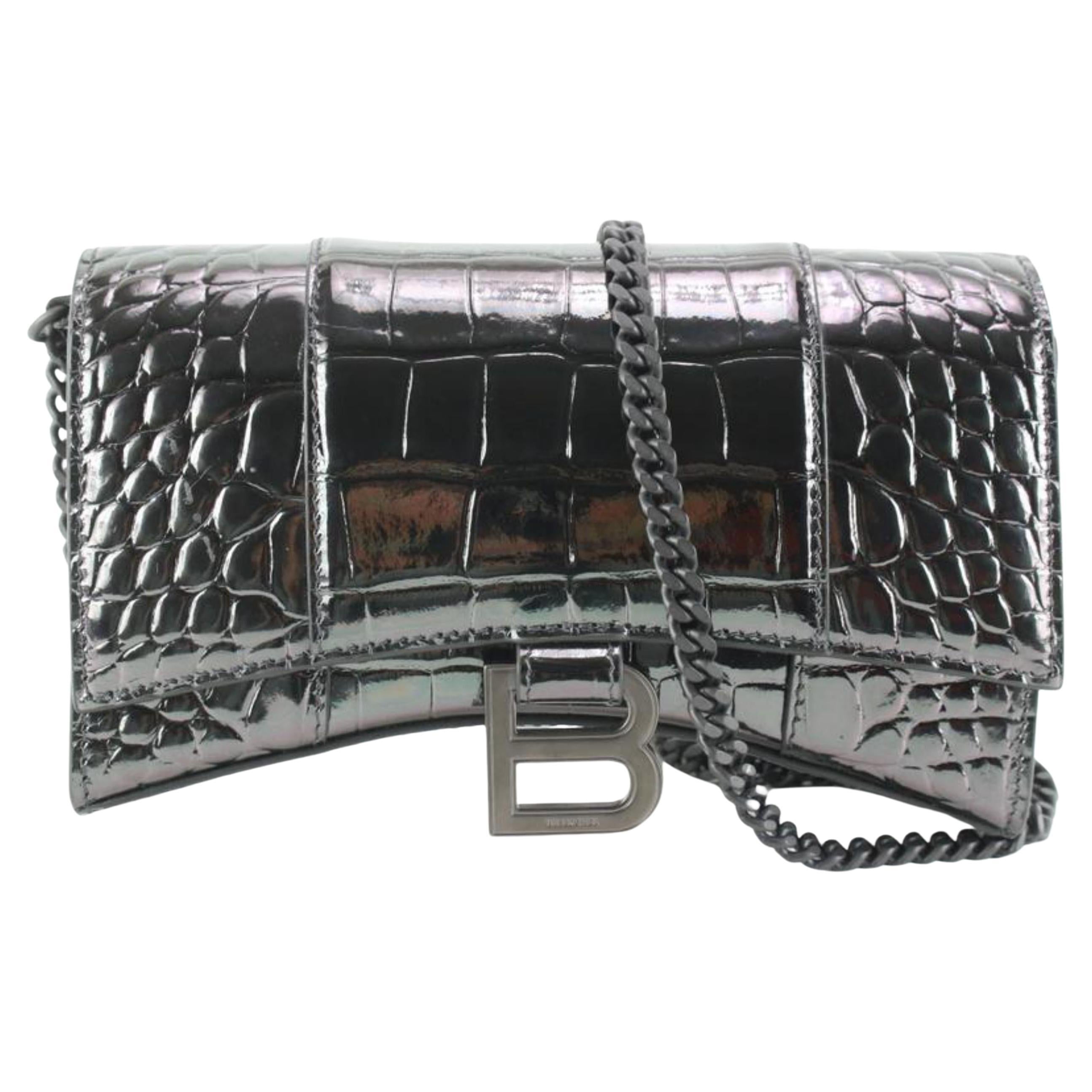 Balenciaga Dark GreyShiny Calfskin Crocodile Embossed Hourglass Chain Bag 29ba83