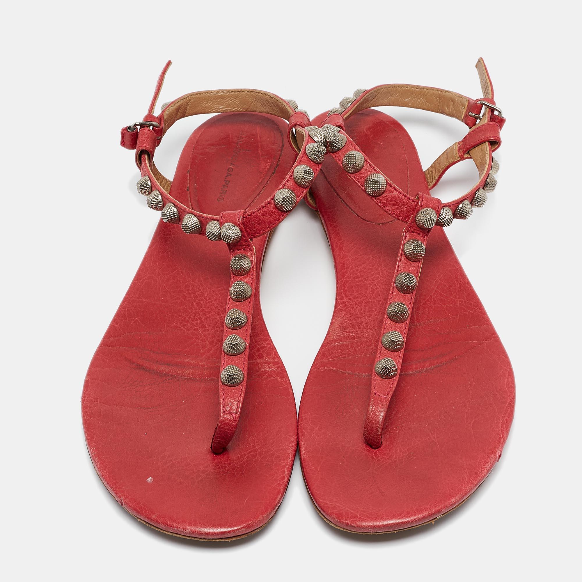 Brown Balenciaga Dark Pink Leather Studded Thong Flat Sandals Size 40