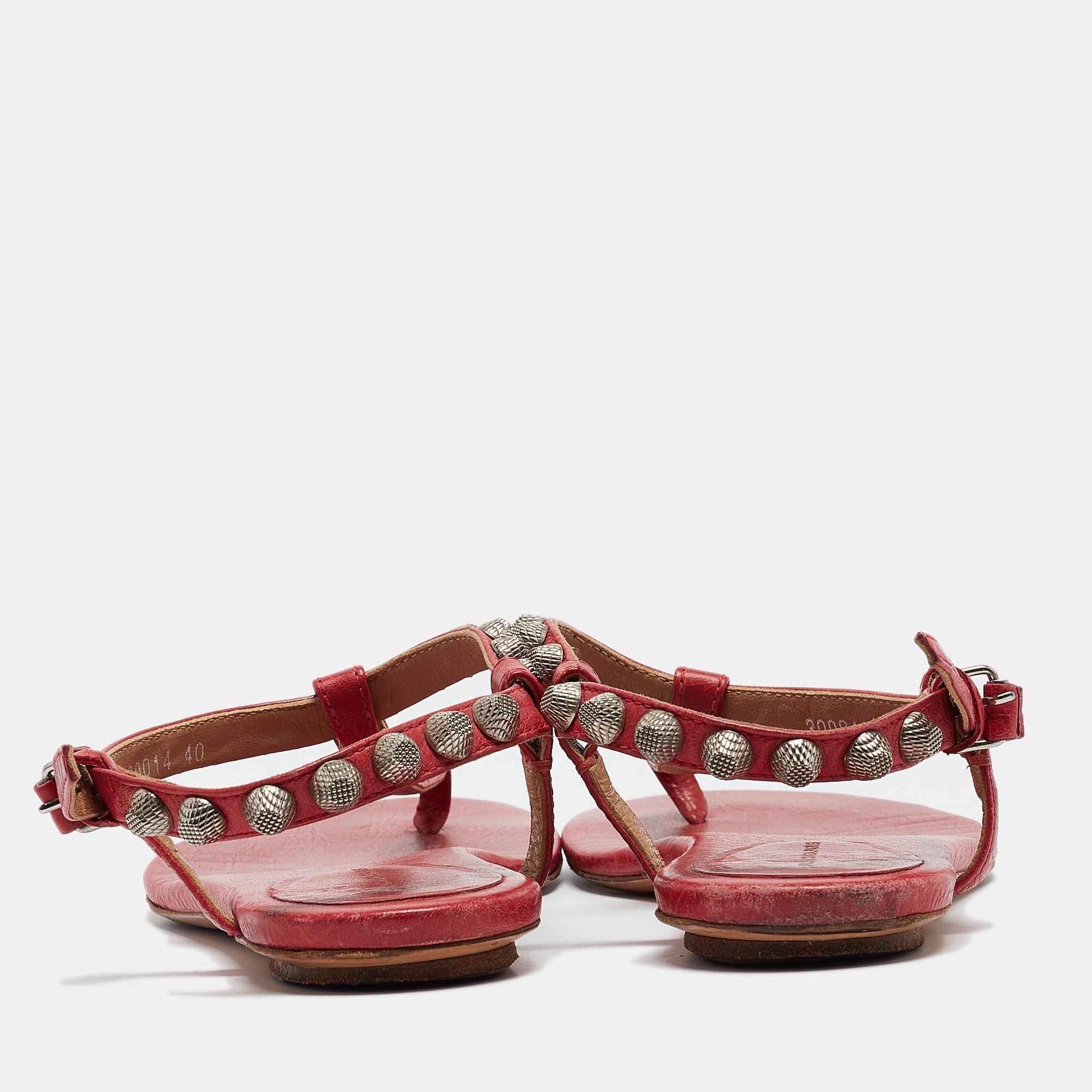 Women's Balenciaga Dark Pink Leather Studded Thong Flat Sandals Size 40