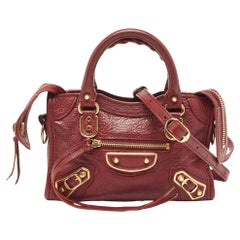 Balenciaga Dark Red Leather Nano Classic Metallic Edge City Crossbody Bag