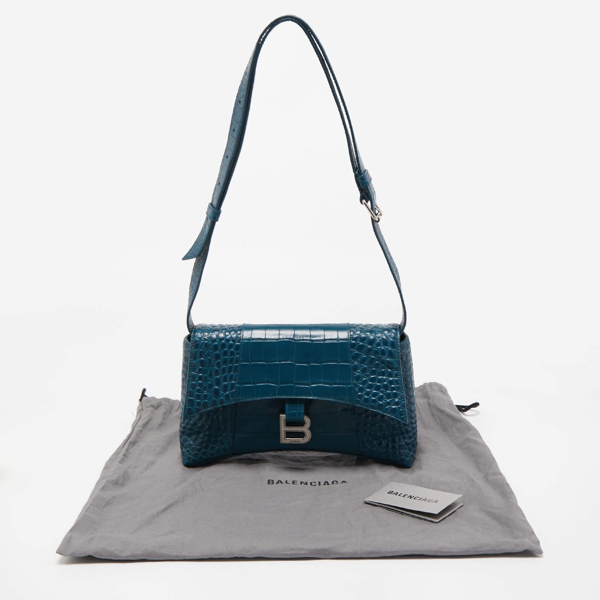 Balenciaga Dark Teal Blue Croc Embossed Leather XS Downtown Shoulder Bag 8