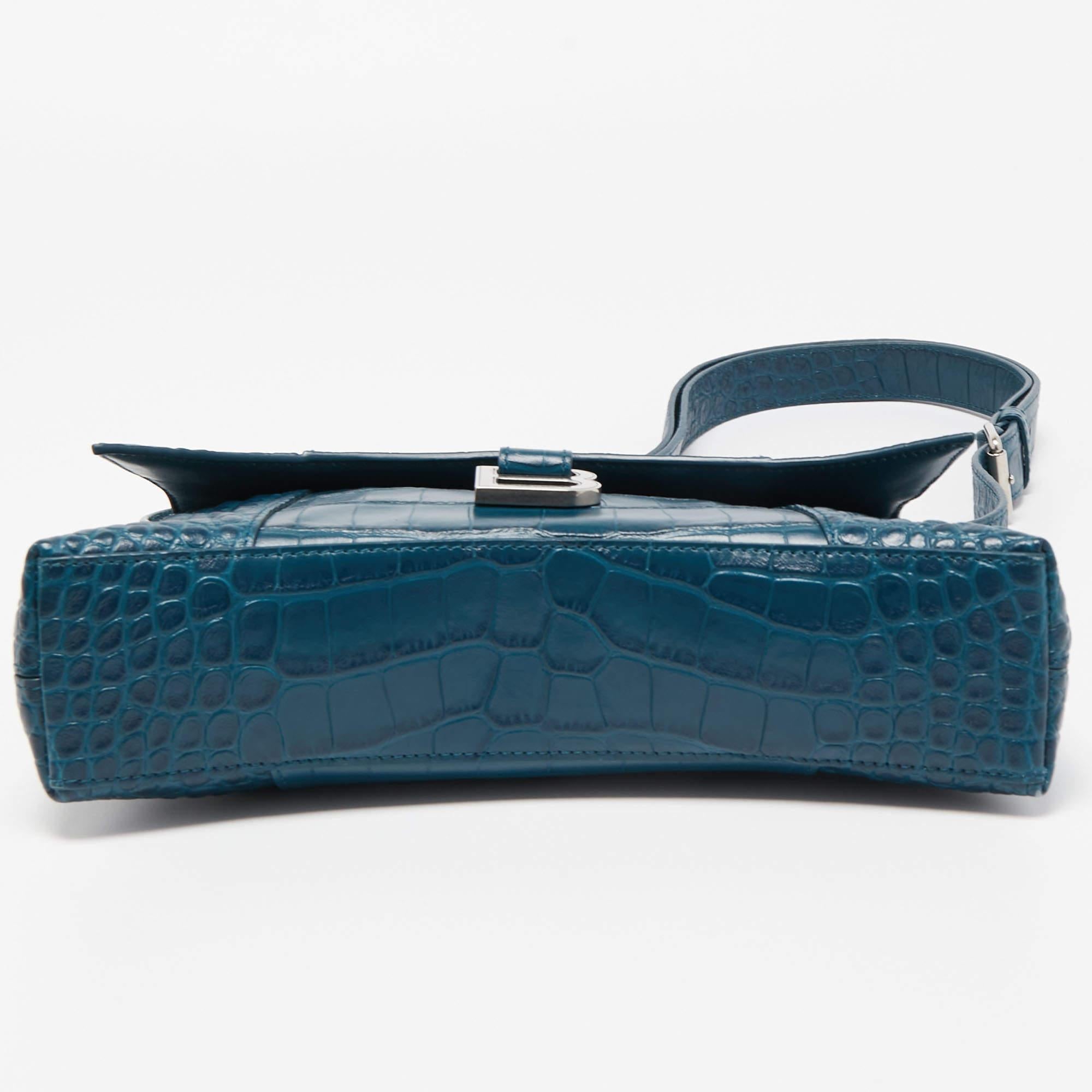 Balenciaga Dark Teal Blue Croc Embossed Leather XS Downtown Shoulder Bag 1