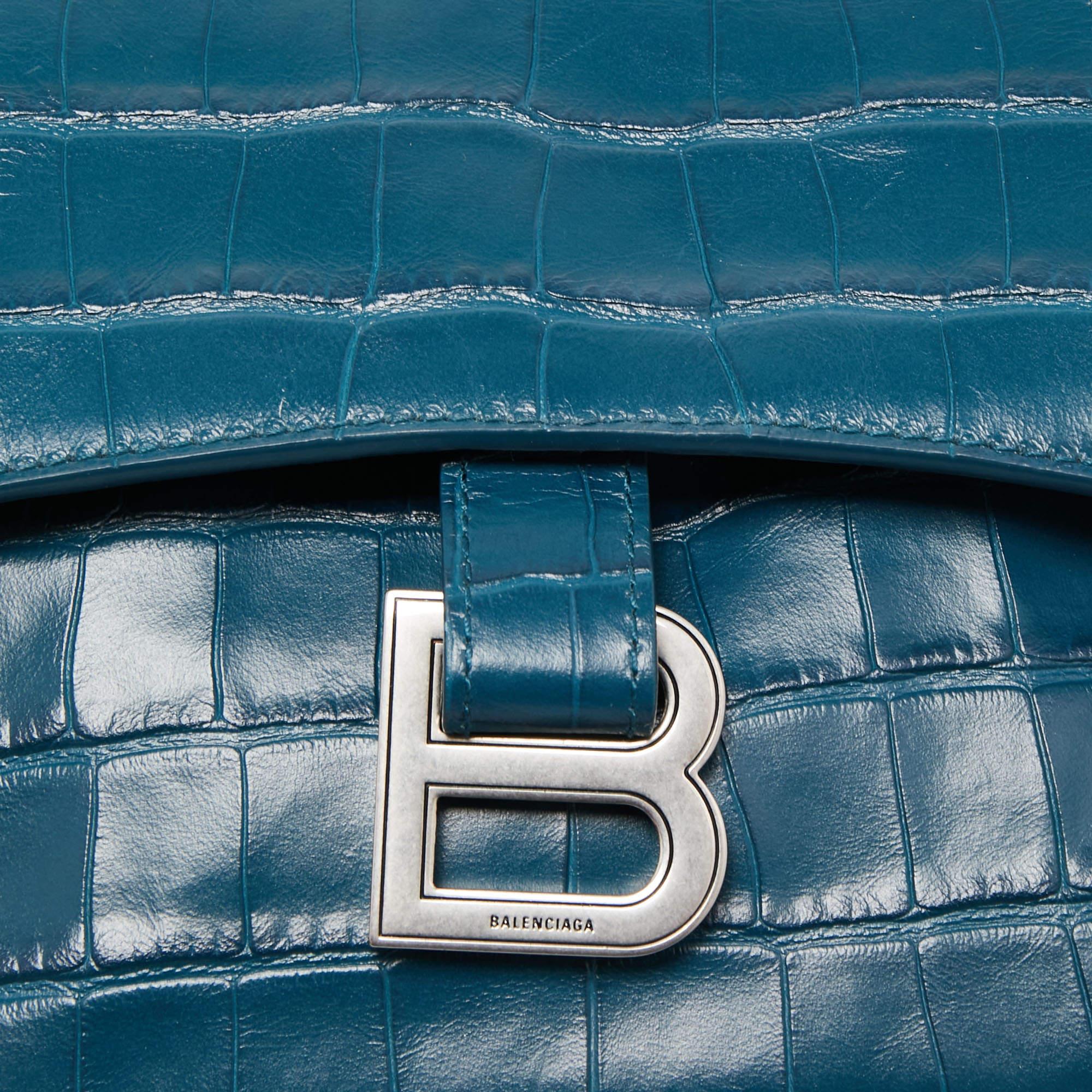 Balenciaga Dark Teal Blue Croc Embossed Leather XS Downtown Shoulder Bag 3
