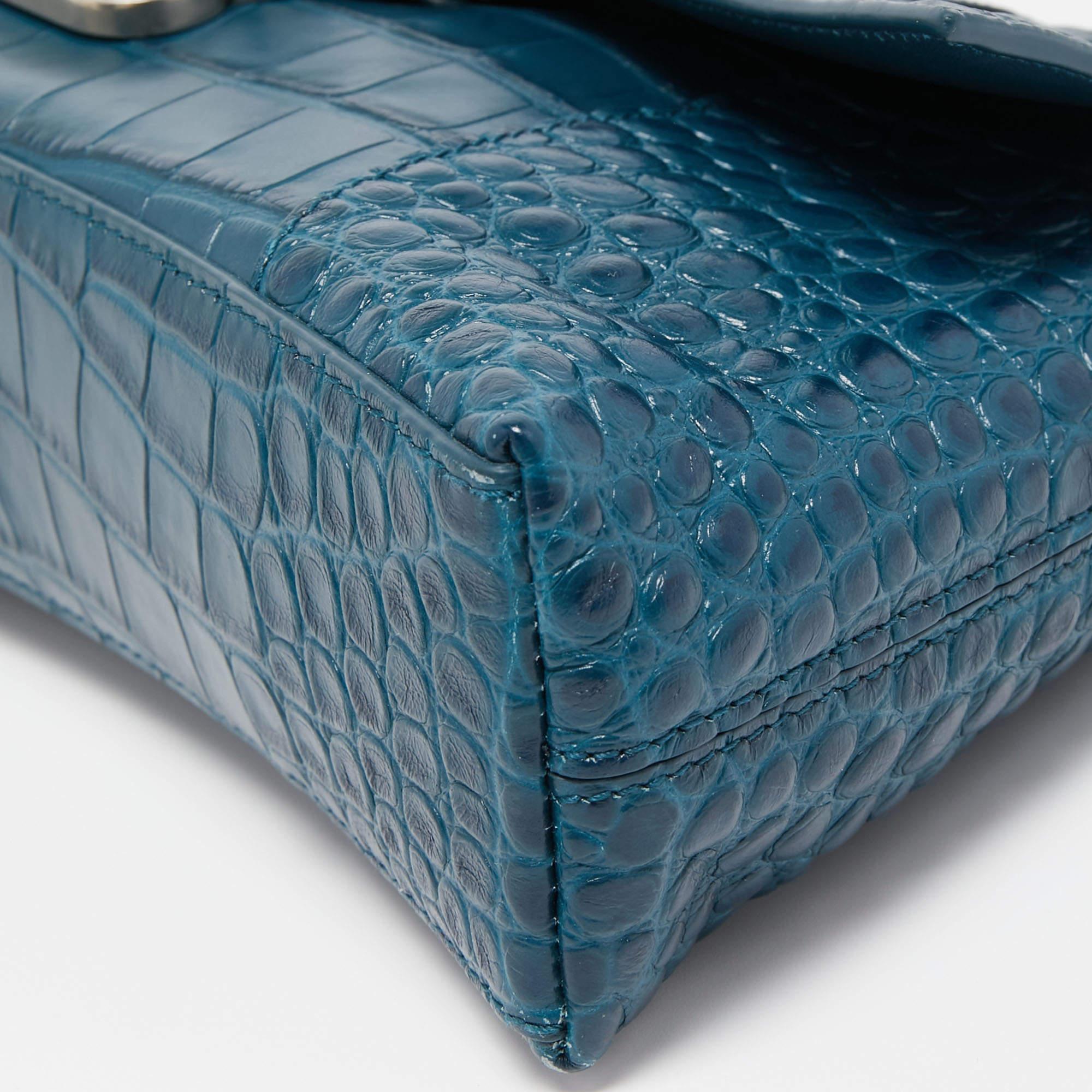 Balenciaga Dark Teal Blue Croc Embossed Leather XS Downtown Shoulder Bag 4