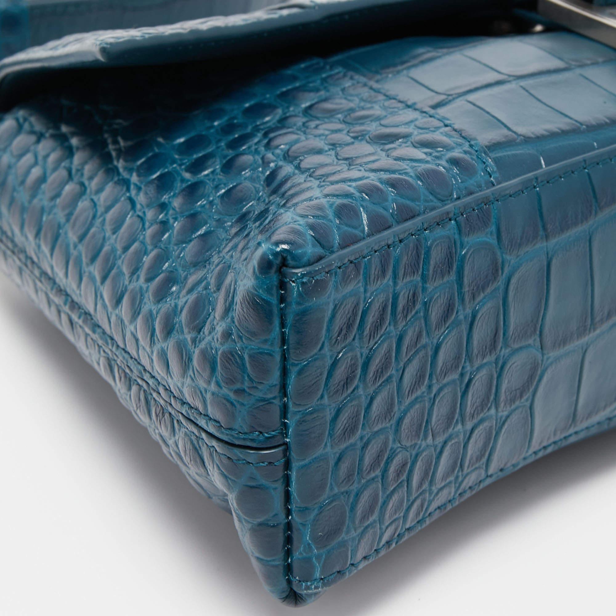 Balenciaga Dark Teal Blue Croc Embossed Leather XS Downtown Shoulder Bag 5