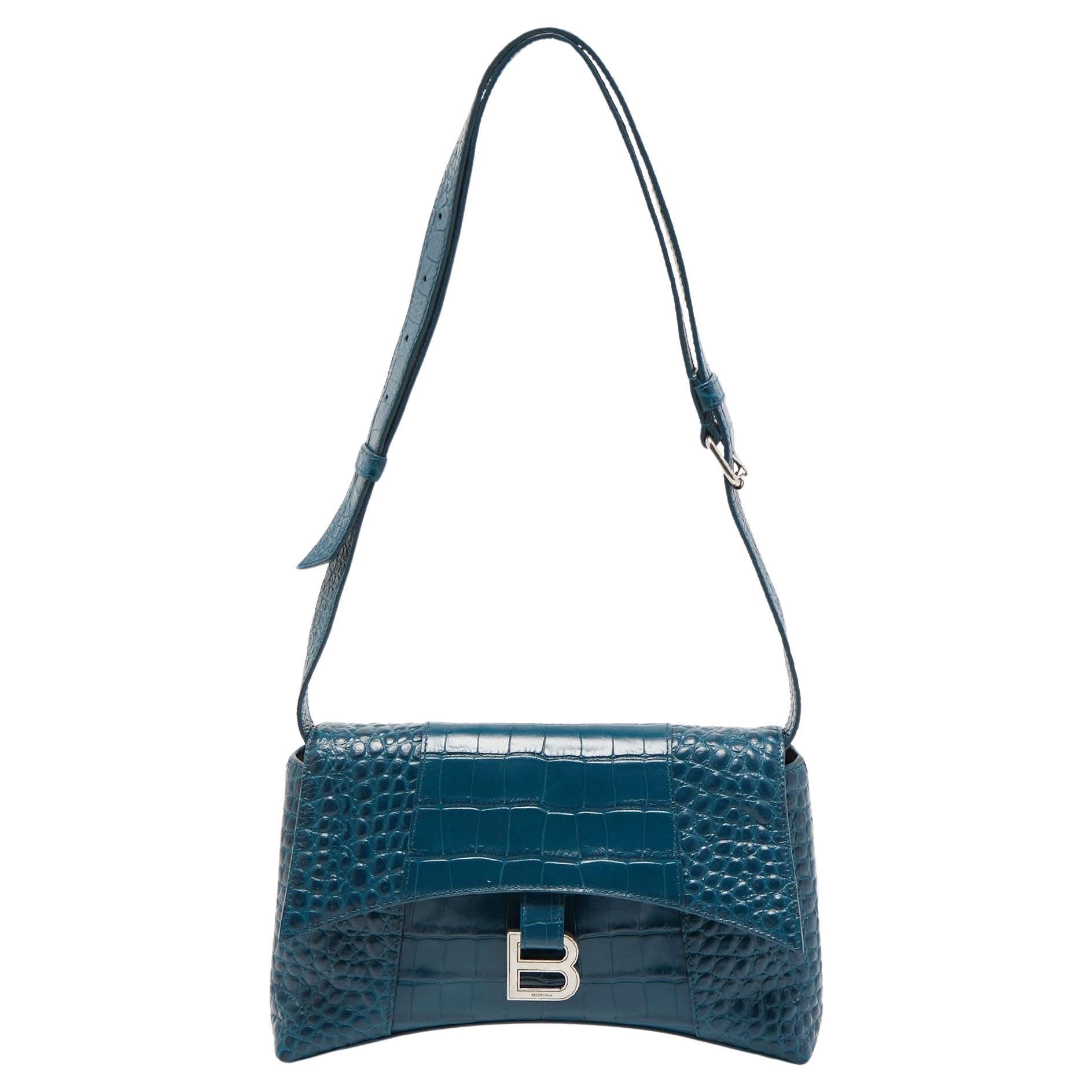 Balenciaga Dark Teal Blue Croc Embossed Leather XS Downtown Shoulder Bag