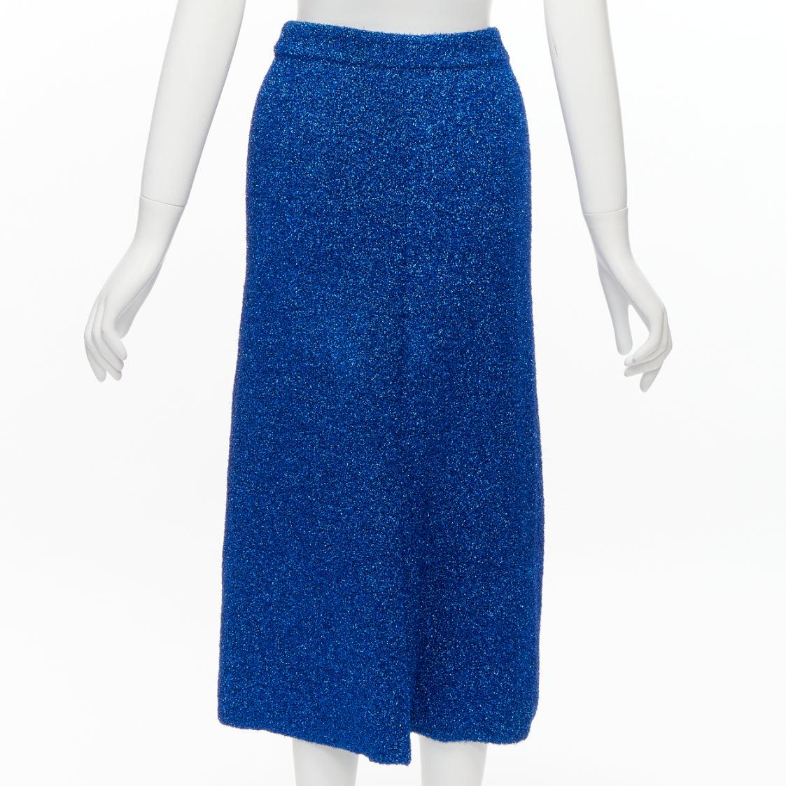 Women's BALENCIAGA Demna 2016 blue metallic tinsel high waist high low midi skirt FR36 S For Sale