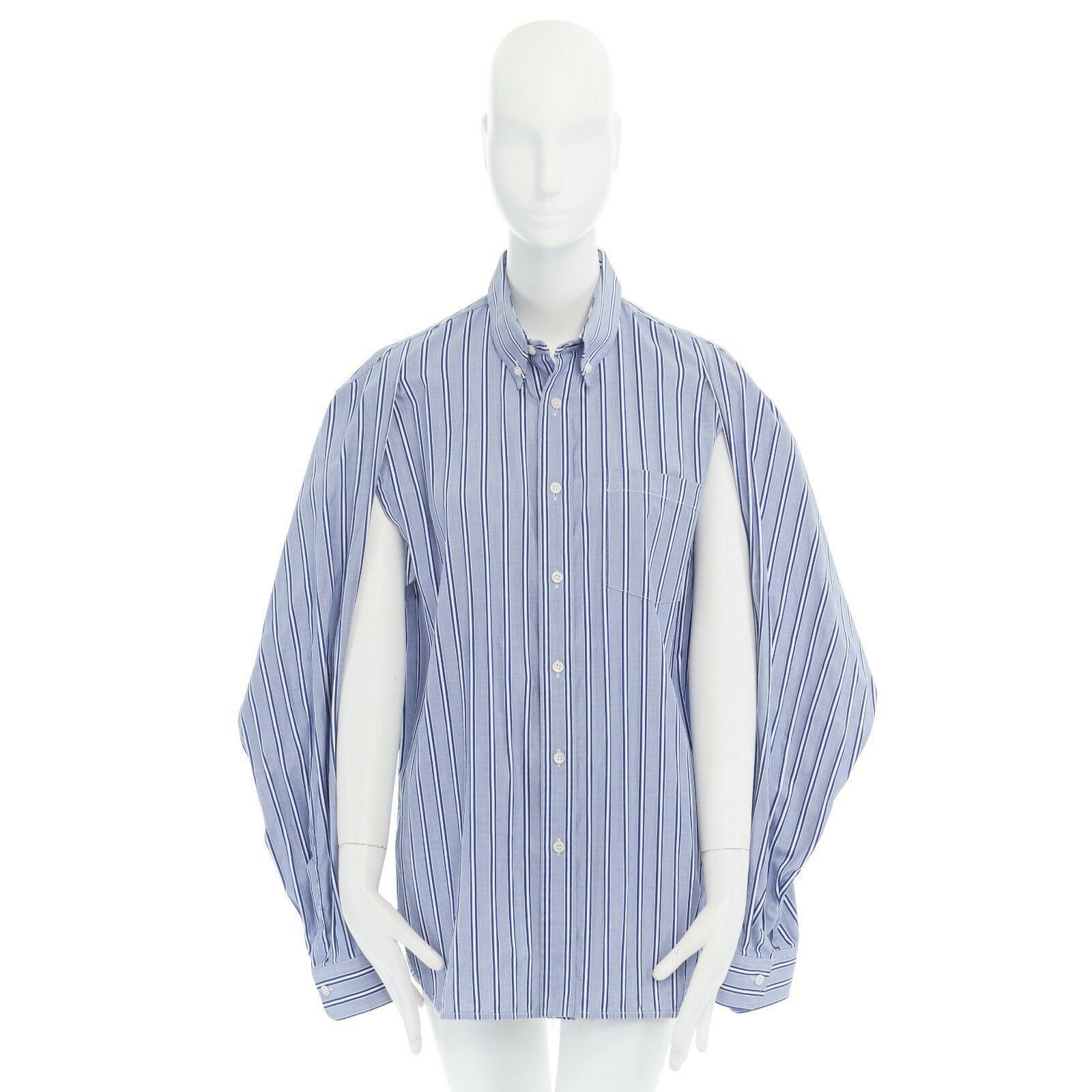 BALENCIAGA DEMNA 2016 blue striped off shoulder underarm cut out shirt FR38 M

BALENCIAGA BY DEMNA GVASALIA
FROM THE 2016 COLLECTION
Cotton. 
Blue verticle stripe. 
Spread collar. 
Button front closure. 
Long sleeves. 
Cut out hole at underarm.