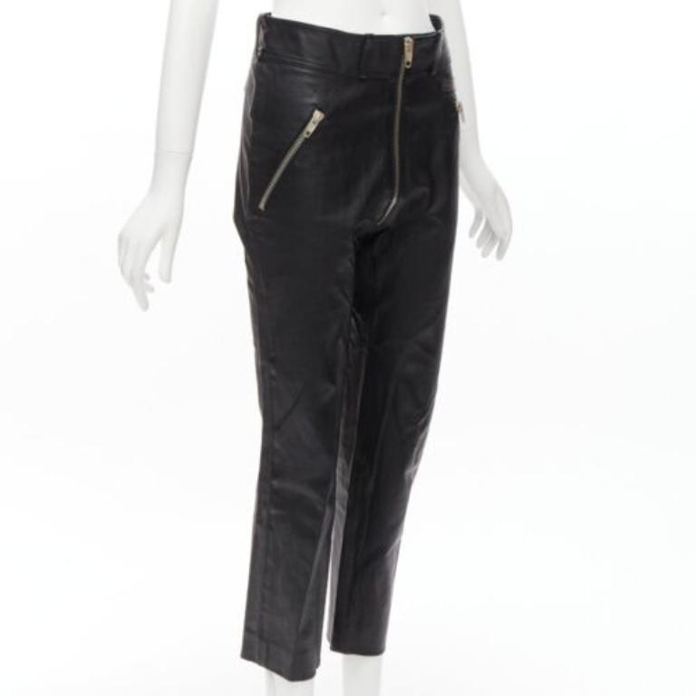 Black BALENCIAGA Demna 2017 logo patch silver zip cropped moto leather pants FR40 L For Sale