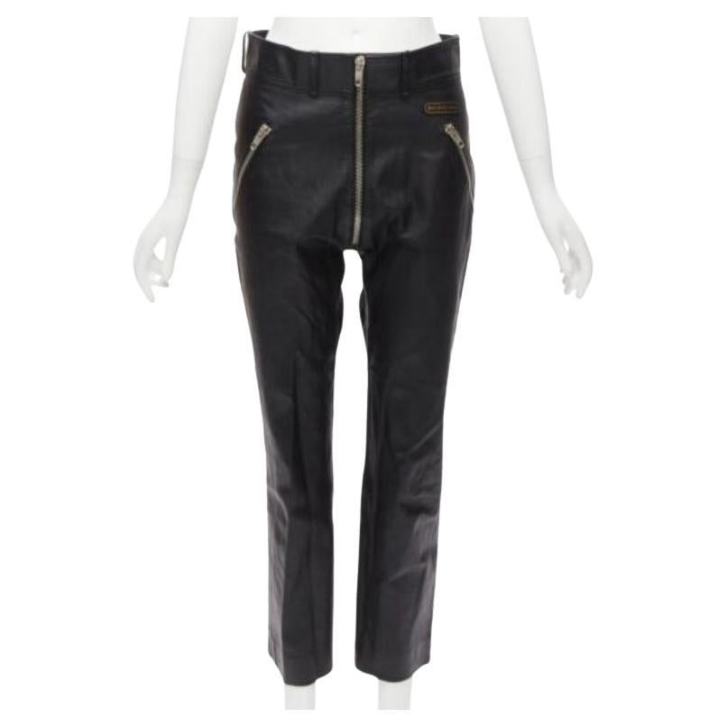 BALENCIAGA Demna 2017 logo patch silver zip cropped moto leather pants FR40 L For Sale