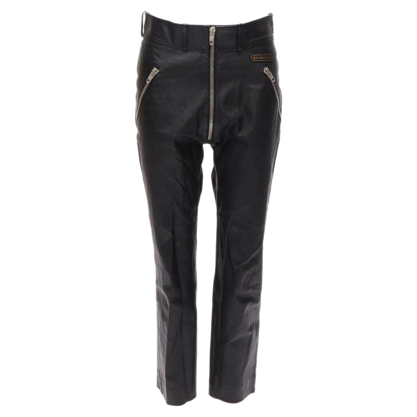 Balenciaga Demna 2017 Logo Patch Zip Cropped Moto Ride Leather Pants Fr40 L
