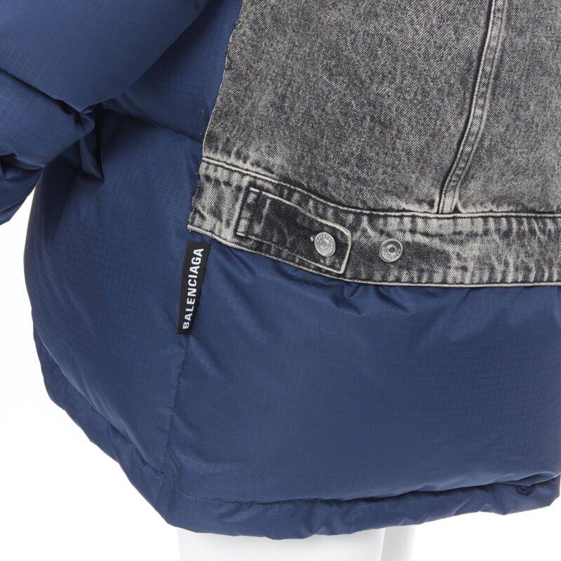 BALENCIAGA Demna 2018 Fake Layering navy washed denim down puffer jacket S For Sale 4