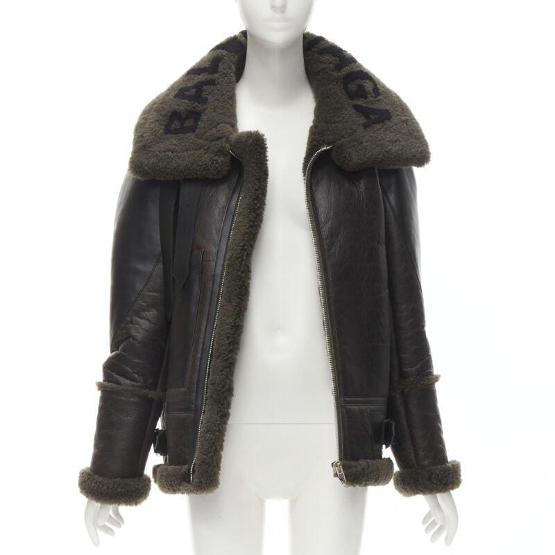 BALENCIAGA Demna 2018 Runway Le Bombardier green shearling aviator jacket XS In Excellent Condition For Sale In Hong Kong, NT