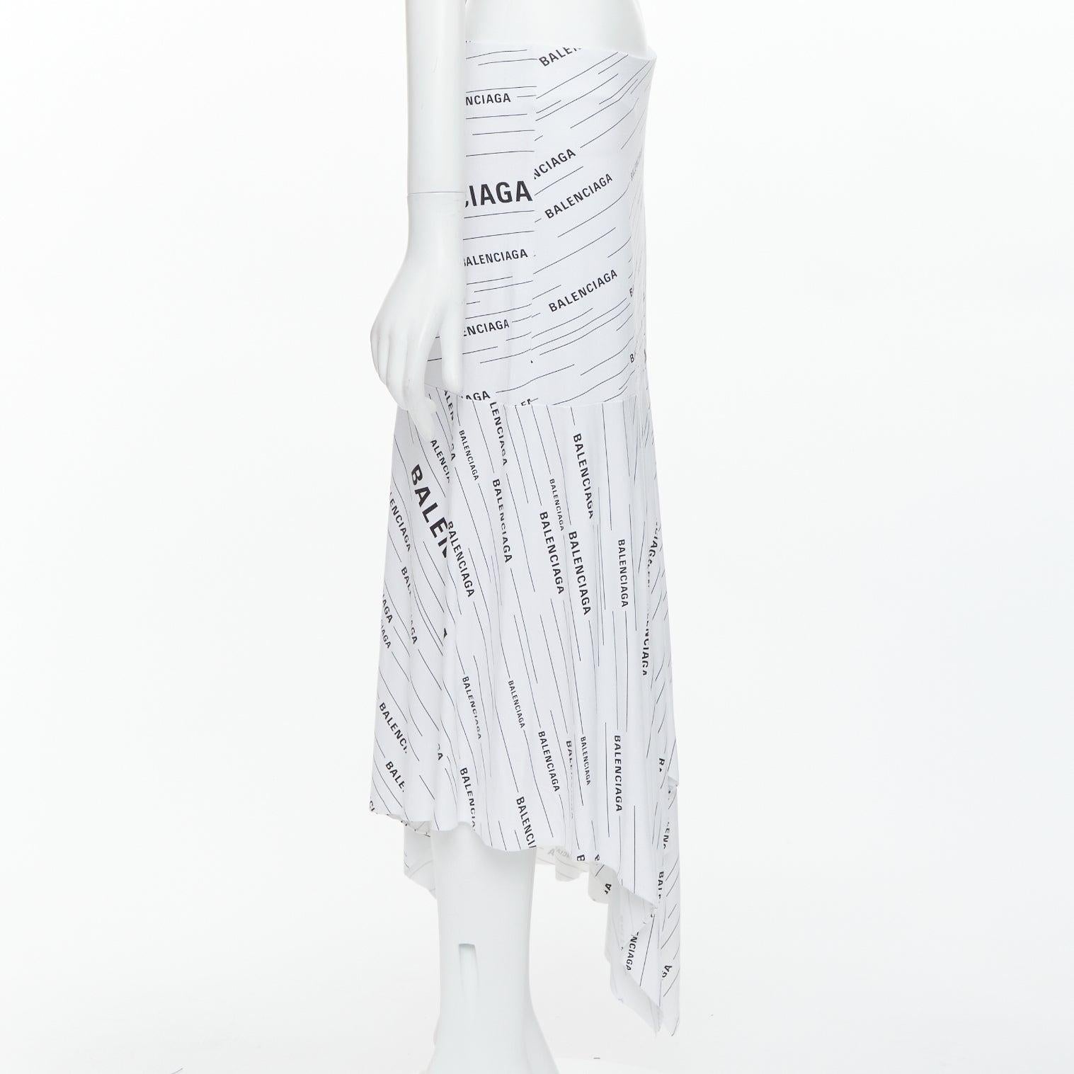 BALENCIAGA Demna 2018 white black logo print asymmetric midi skirt FR38 M In Excellent Condition For Sale In Hong Kong, NT