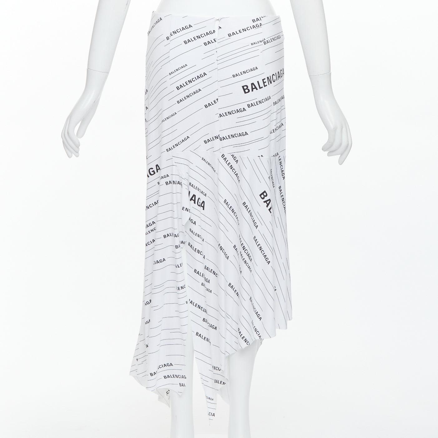 Women's BALENCIAGA Demna 2018 white black logo print asymmetric midi skirt FR38 M For Sale