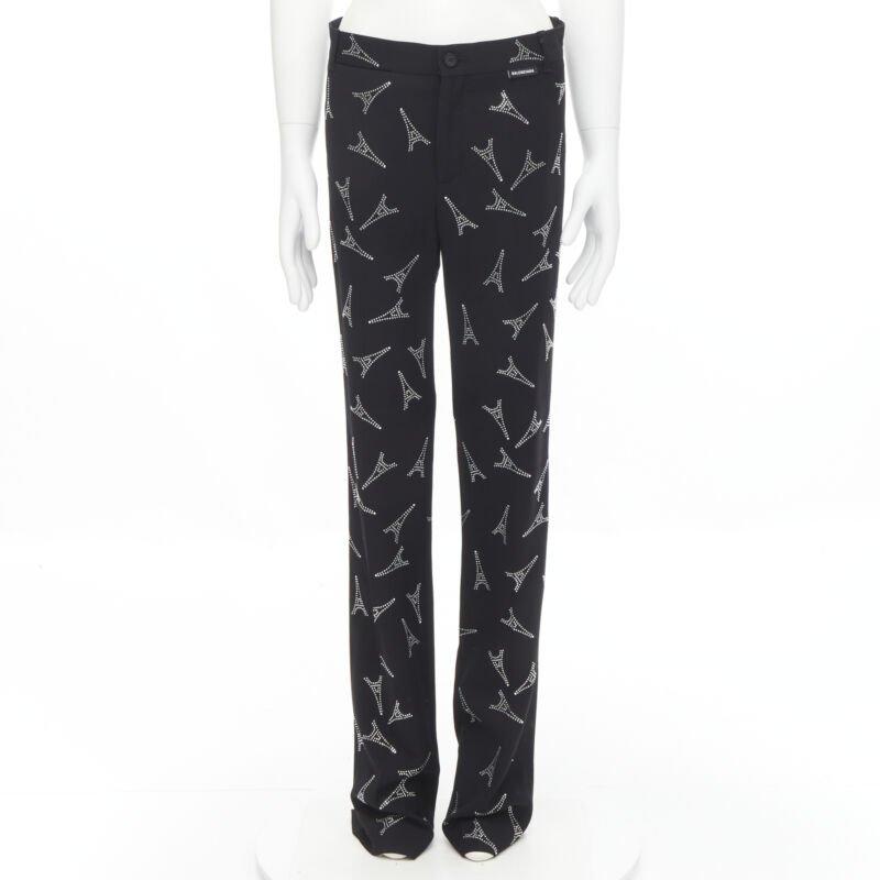 Black BALENCIAGA Demna 2019 Runway Eiffel Tower crystal trousers pants IT48 M For Sale
