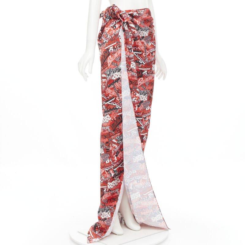 Beige BALENCIAGA Demna 2019 Runway red logo print wrap tie maxi skirt FR36 S For Sale