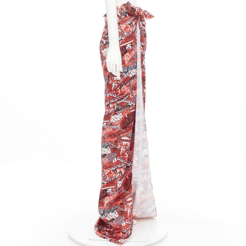 BALENCIAGA Demna 2019 Runway red logo print wrap tie maxi skirt FR36 S In New Condition For Sale In Hong Kong, NT