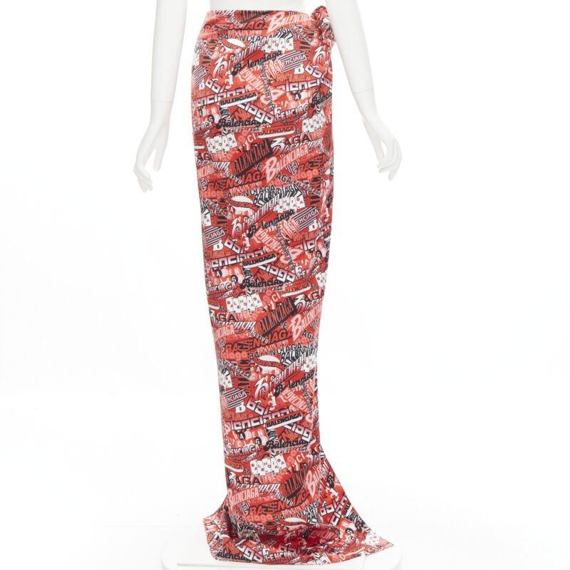 Women's BALENCIAGA Demna 2019 Runway red logo print wrap tie maxi skirt FR36 S For Sale