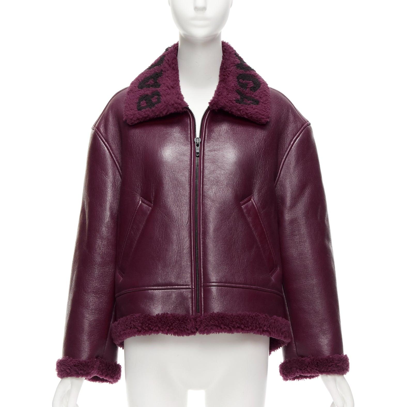 Black BALENCIAGA Demna 2020 burgundy shearling collar cocoon biker bomber XS For Sale