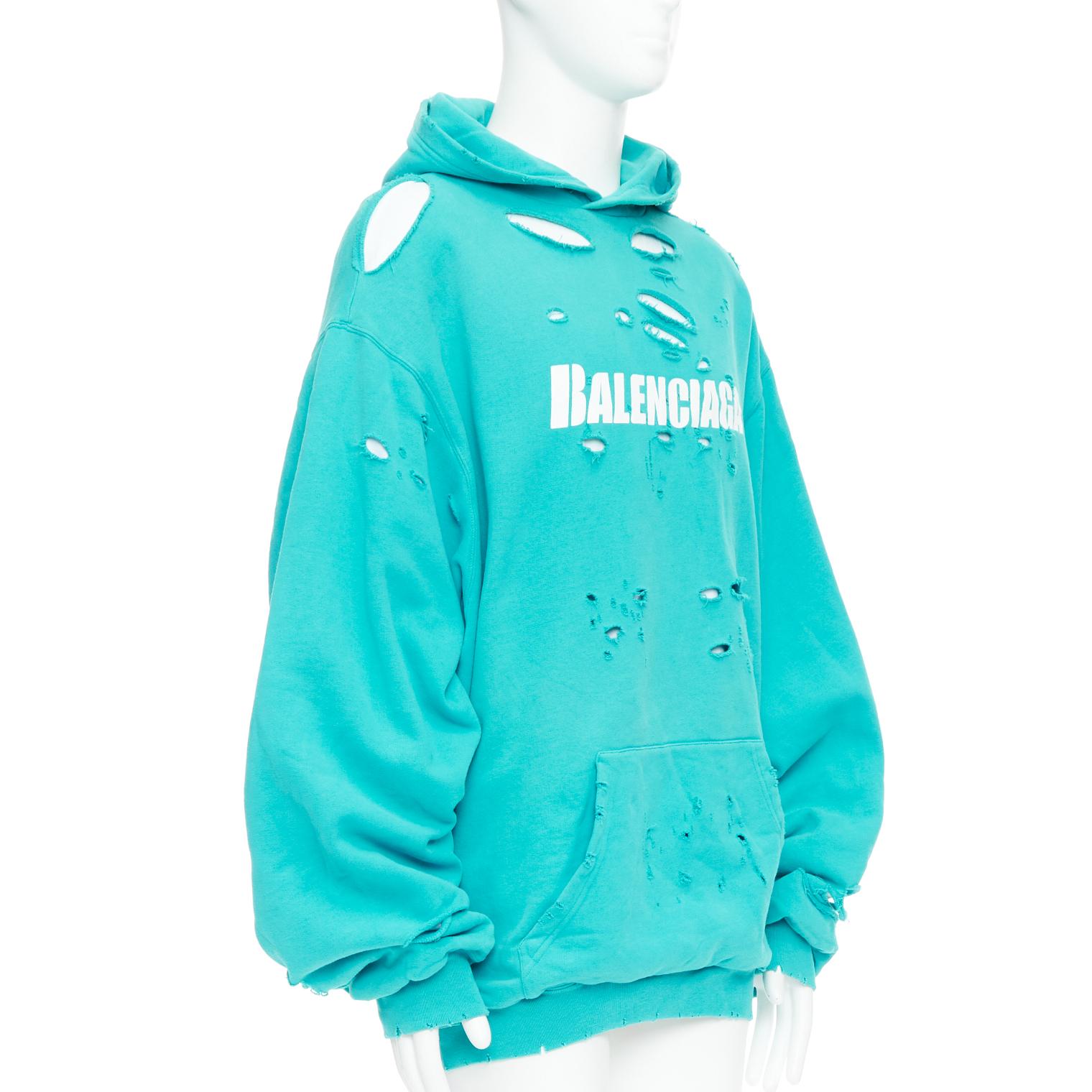Blue BALENCIAGA Demna 2020 teal destroyed ripped layered logo hoodie S For Sale