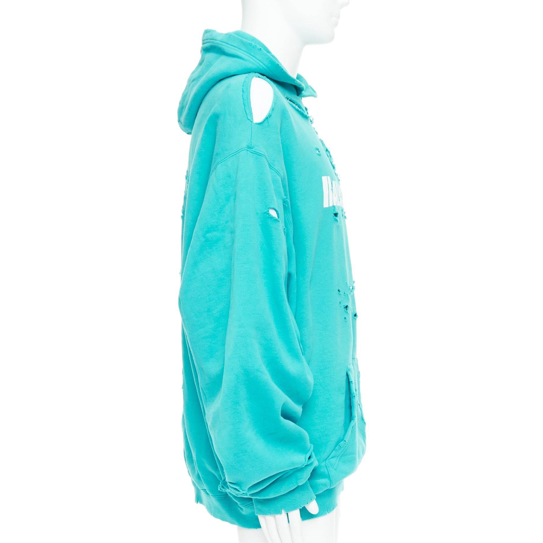 BALENCIAGA Demna 2020 teal destroyed ripped layered logo hoodie S In Good Condition For Sale In Hong Kong, NT