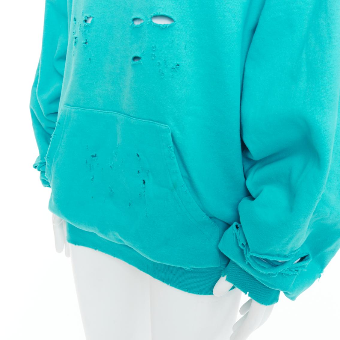 BALENCIAGA Demna 2020 teal destroyed ripped layered logo hoodie S For Sale 2