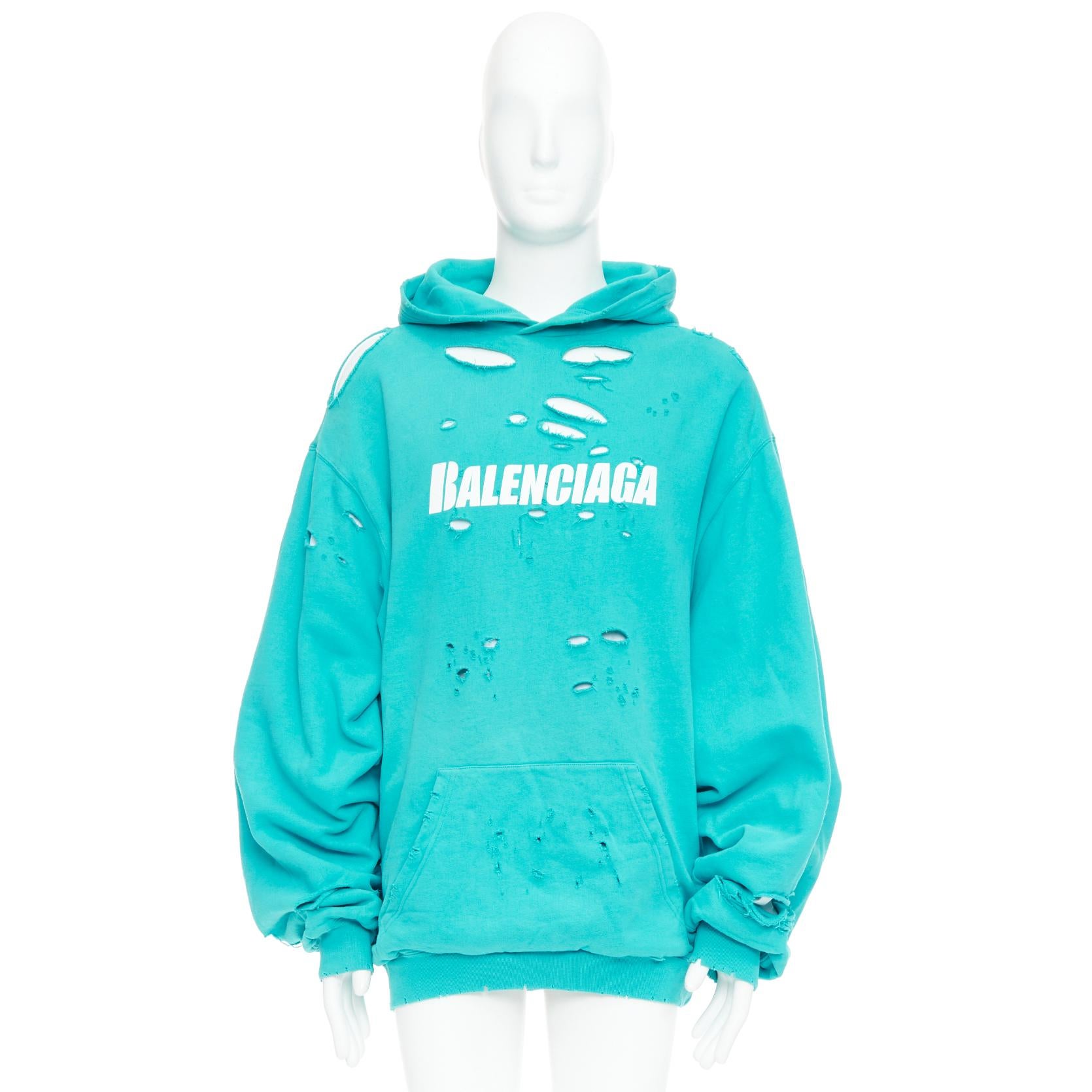 BALENCIAGA Demna 2020 teal destroyed ripped layered logo hoodie S For Sale 4