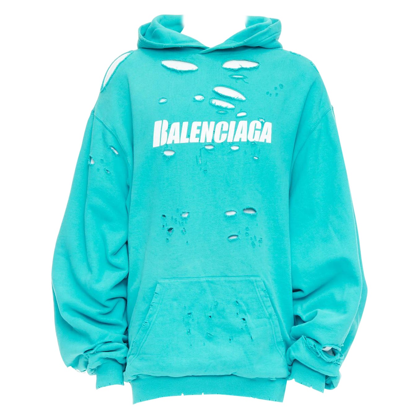 BALENCIAGA Demna 2020 teal destroyed ripped layered logo hoodie S
