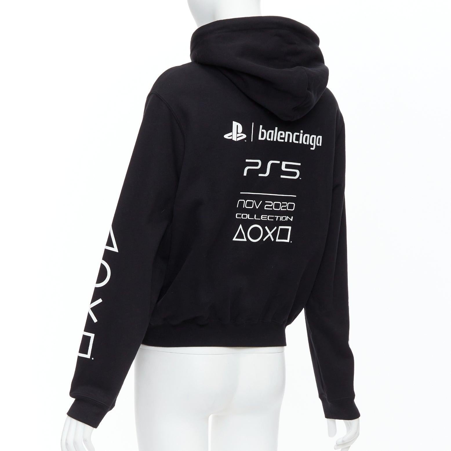 BALENCIAGA Demna 2021 black cotton PS5 logo fitted cropped hoodie M For Sale 1
