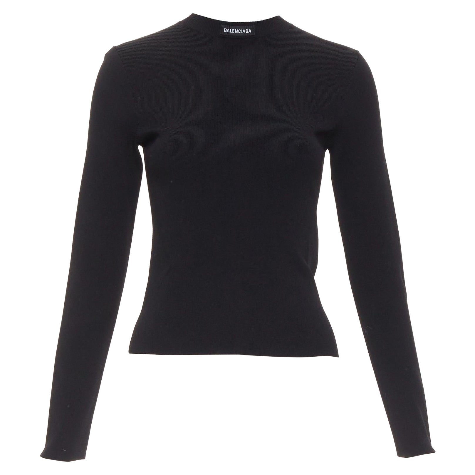 BALENCIAGA Demna 2021 black logo collar long sleeve crew neck pullover top S For Sale