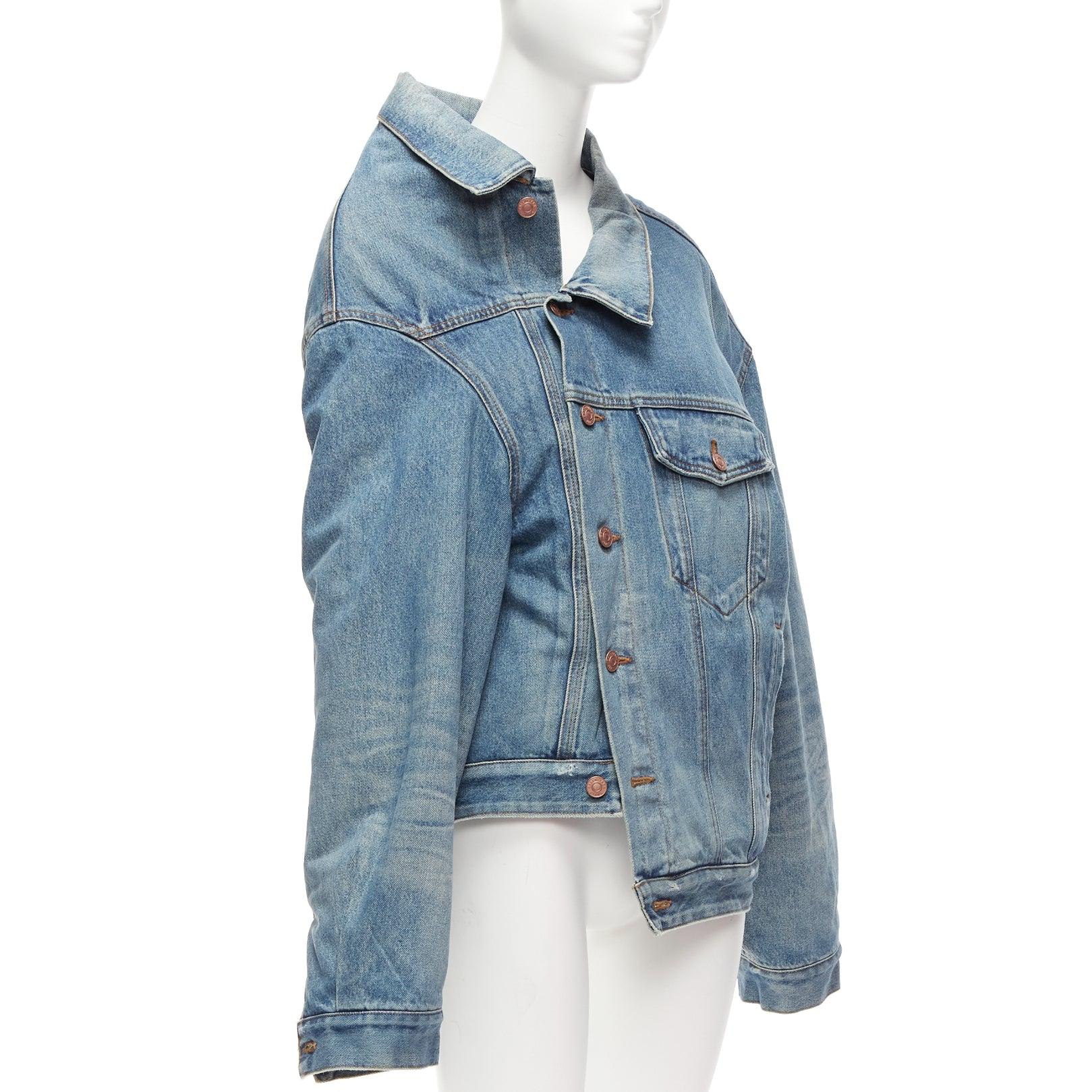 Gray BALENCIAGA Demna 2021 blue washed denim off shoulder deconstructed jacket L For Sale