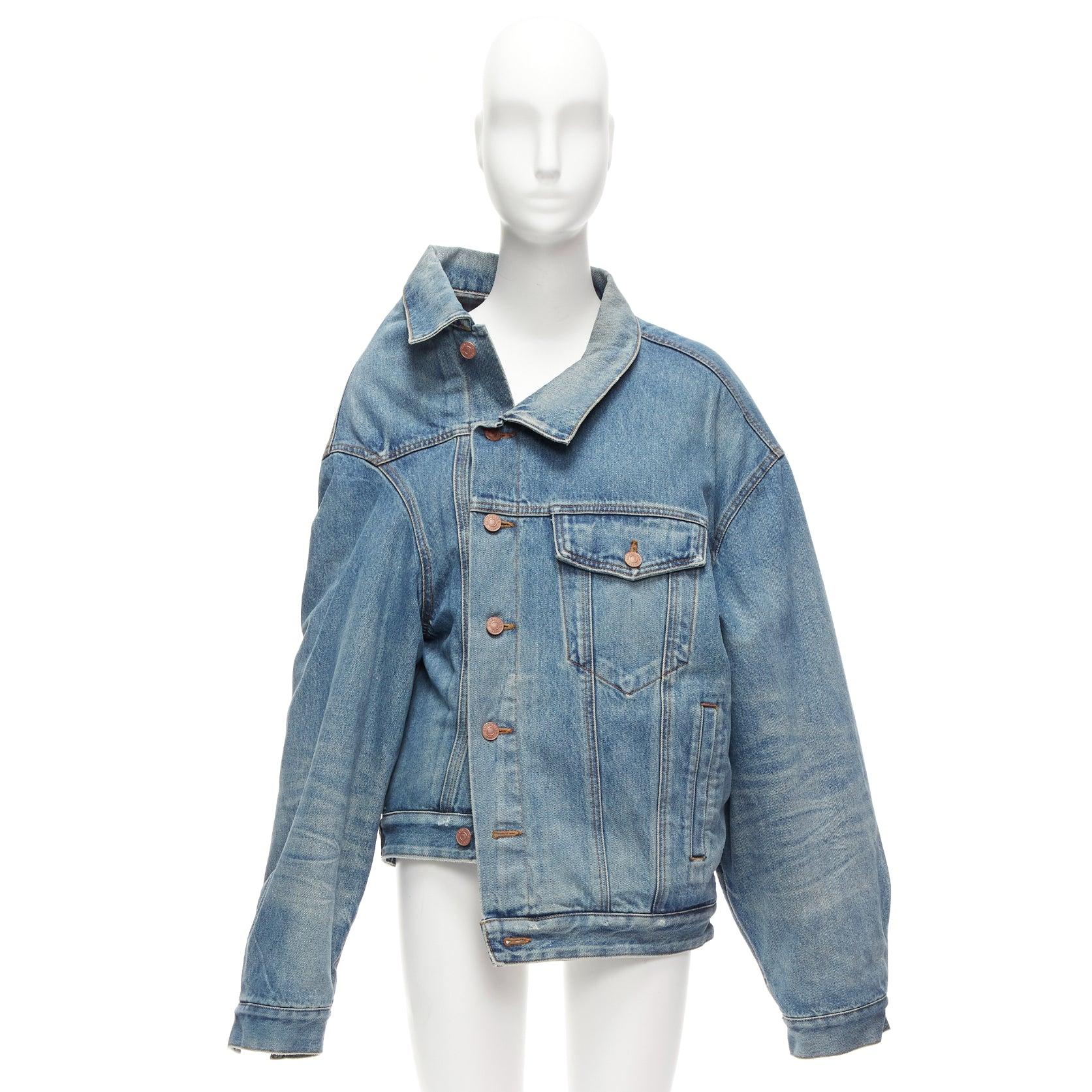 BALENCIAGA Demna 2021 blue washed denim off shoulder deconstructed jacket L For Sale 4