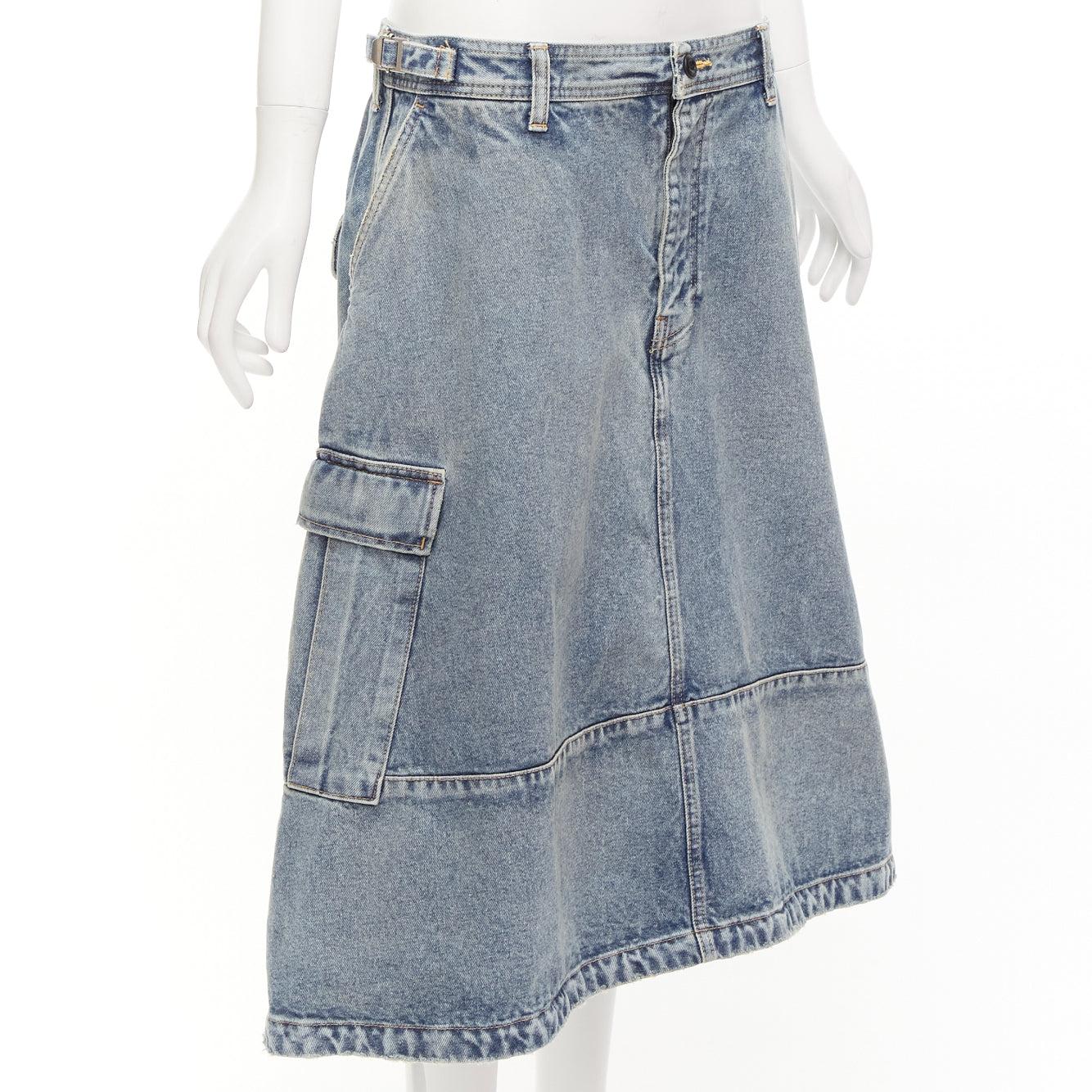 Gray BALENCIAGA Demna 2021 Cargo Kick blue denim low waist logo midi skirt FR38 M For Sale