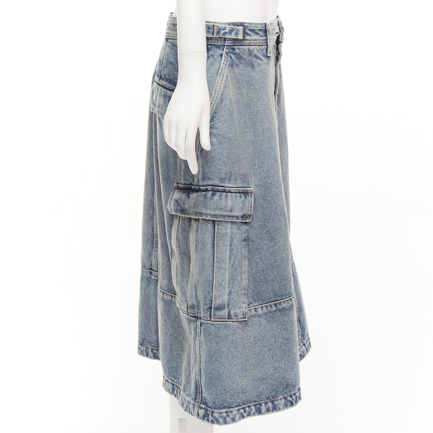 BALENCIAGA Demna 2021 Cargo Kick blue denim low waist logo midi skirt FR38 M In New Condition For Sale In Hong Kong, NT