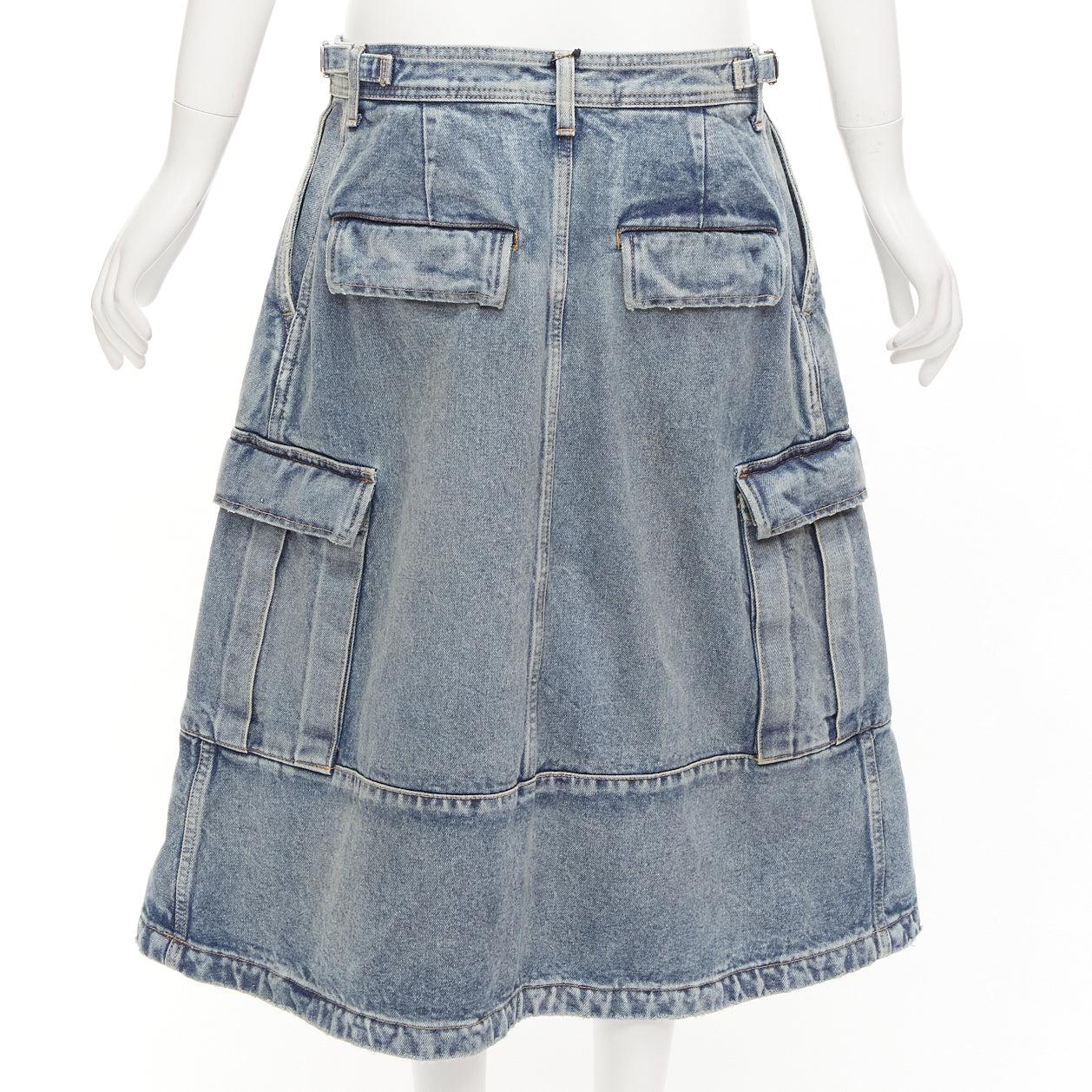 Women's BALENCIAGA Demna 2021 Cargo Kick blue denim low waist logo midi skirt FR38 M For Sale