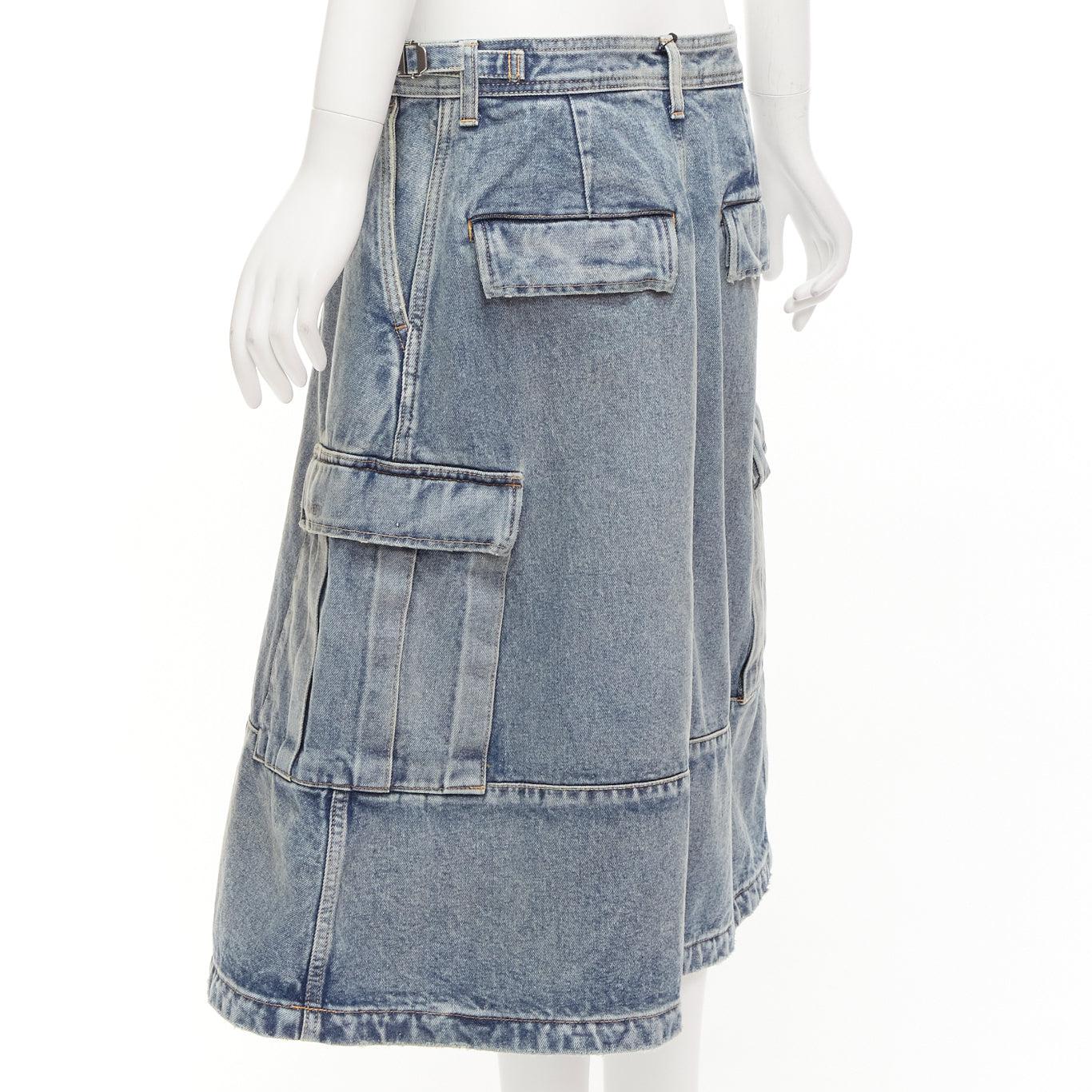 BALENCIAGA Demna 2021 Cargo Kick blue denim low waist logo midi skirt FR38 M For Sale 1