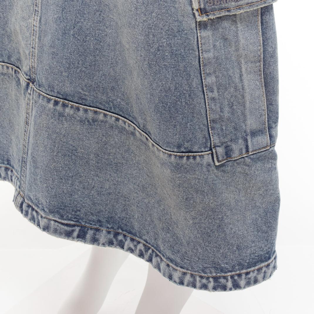 BALENCIAGA Demna 2021 Cargo Kick blue denim low waist logo midi skirt FR38 M For Sale 2