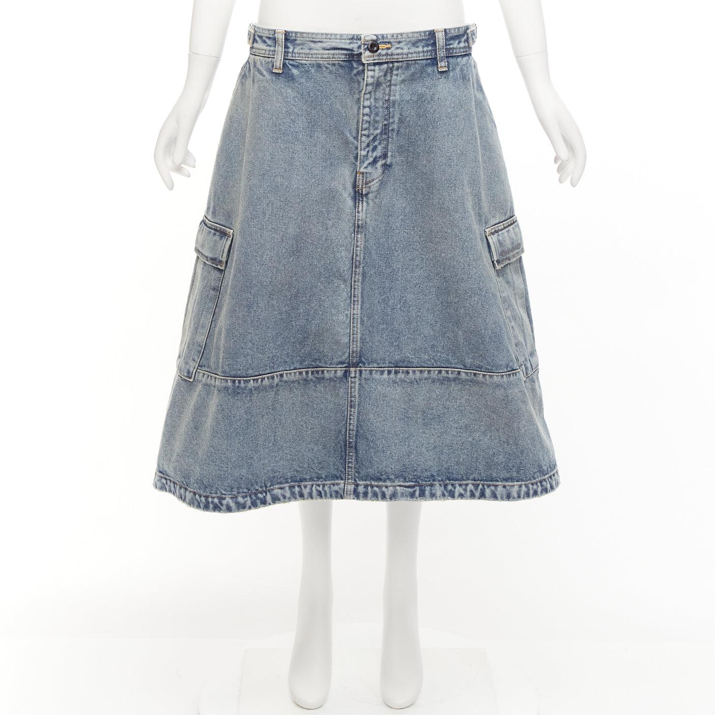 BALENCIAGA Demna 2021 Cargo Kick blue denim low waist logo midi skirt FR38 M For Sale 4