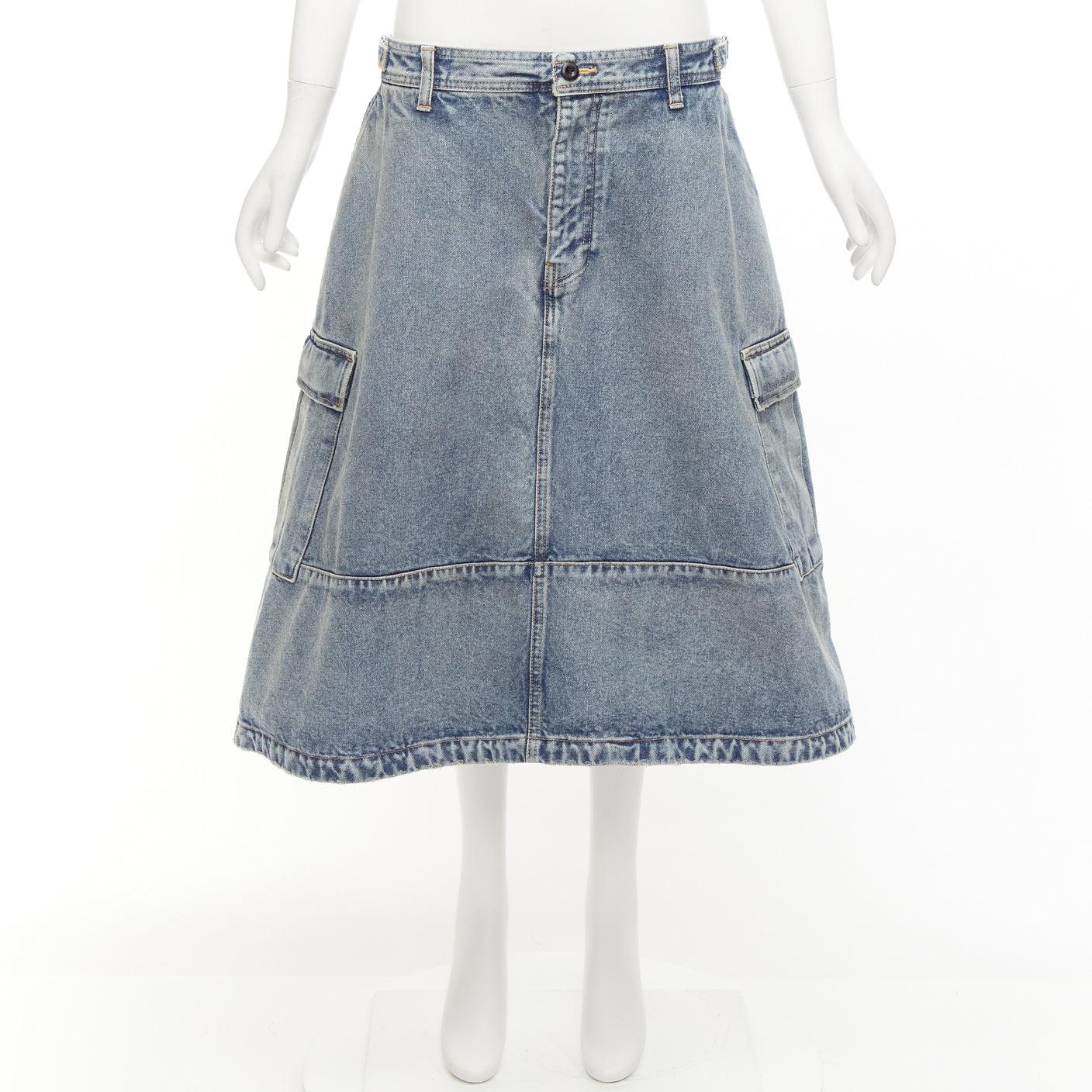 BALENCIAGA Demna 2021 Cargo Kick blue denim low waist logo midi skirt FR38 M For Sale 4