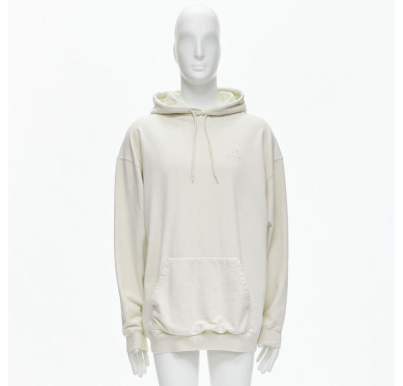 BALENCIAGA Demna 2021 ecru cotton logo embroidery oversized hoodie sweatshirt L For Sale 3