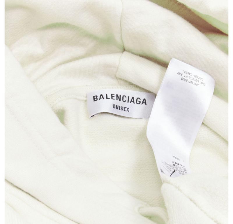 BALENCIAGA Demna 2021 ecru cotton logo embroidery oversized hoodie sweatshirt L For Sale 2