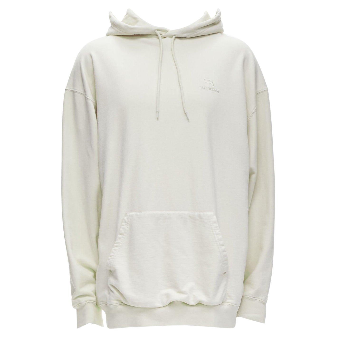 BALENCIAGA Demna 2021 ecru cotton logo embroidery oversized hoodie sweatshirt L