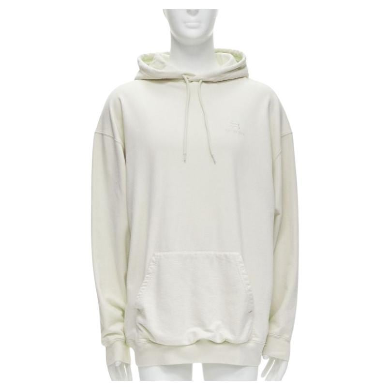 BALENCIAGA Demna 2021 ecru cotton logo embroidery oversized hoodie sweatshirt L For Sale