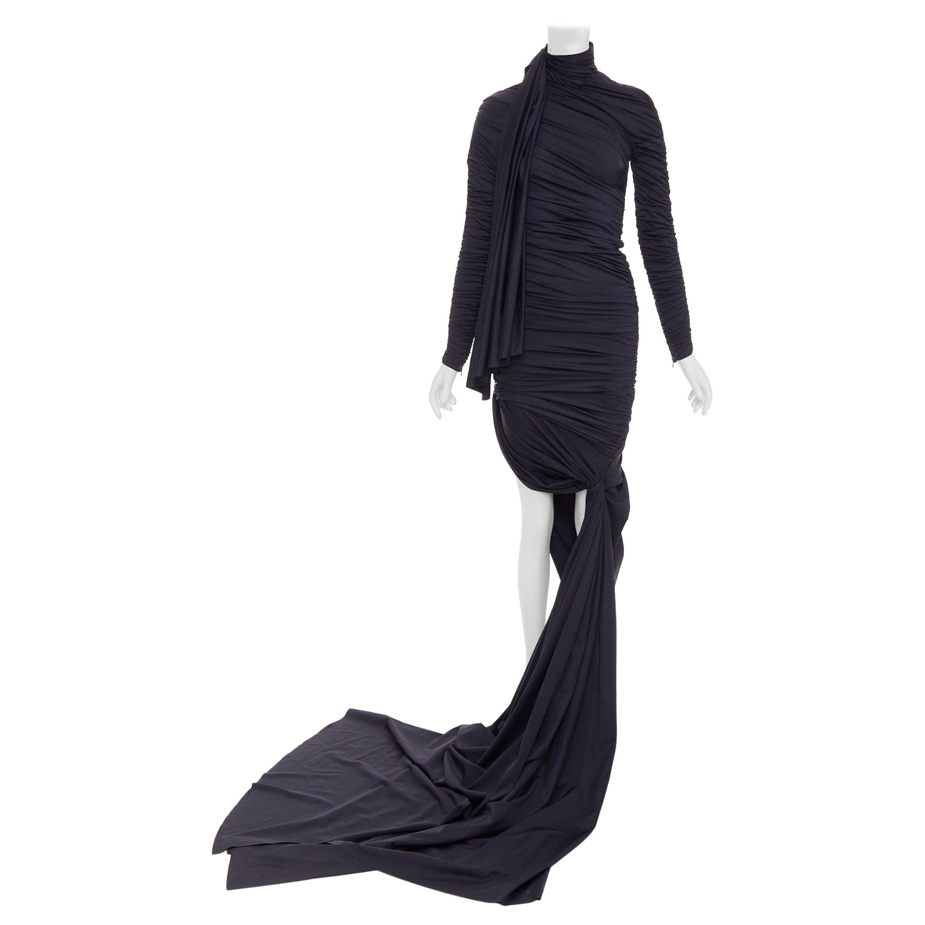 BALENCIAGA Demna 2021 Pasarela negro fruncido nudo drapeado vestido de cola larga FR36 S en venta