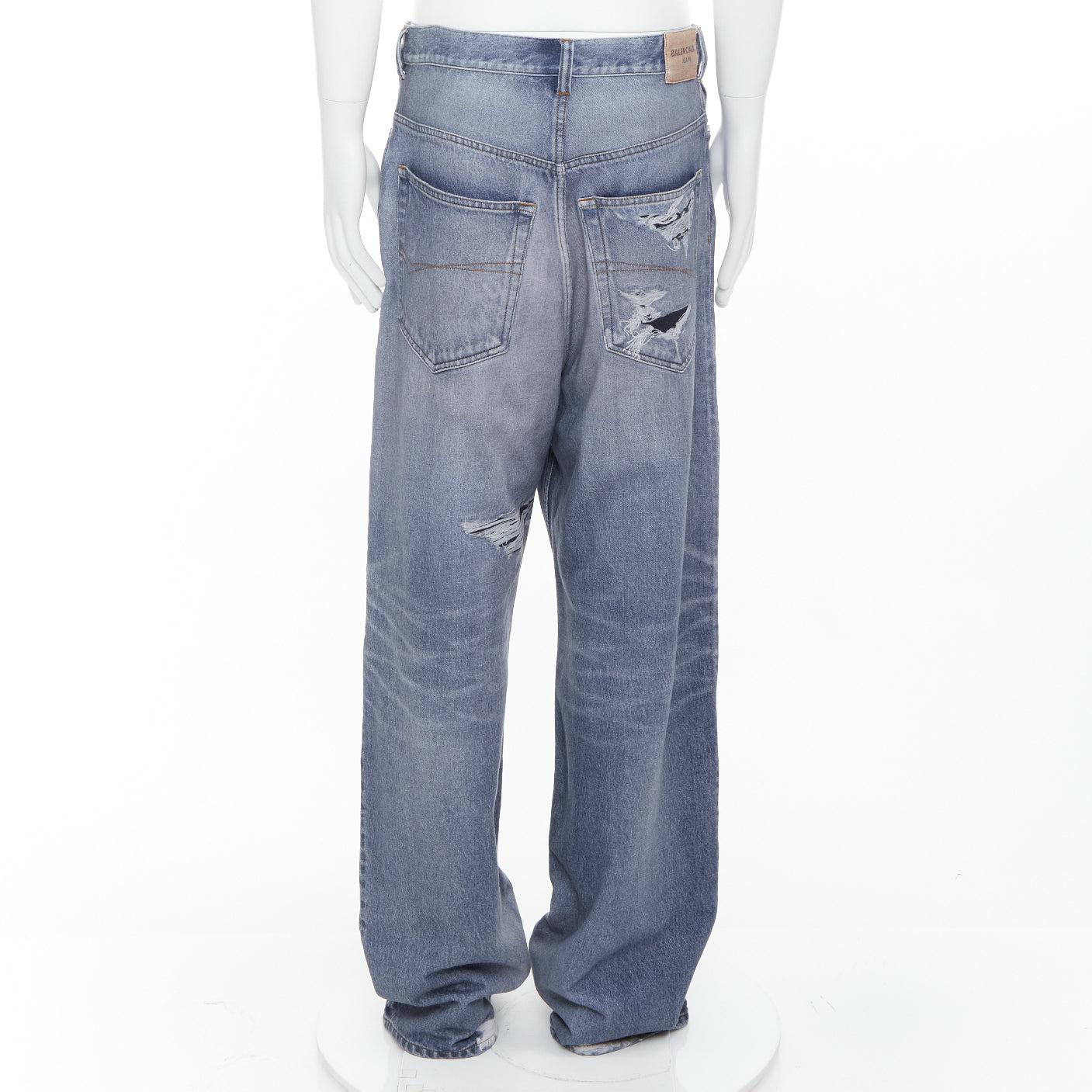 Men's BALENCIAGA Demna 2023 blue tromp loeil jean printed wide leg sweatpants S For Sale